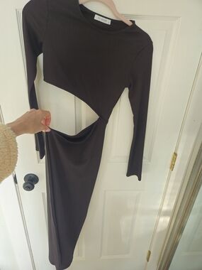 Black Long Sleeve Cutout Midi Dress